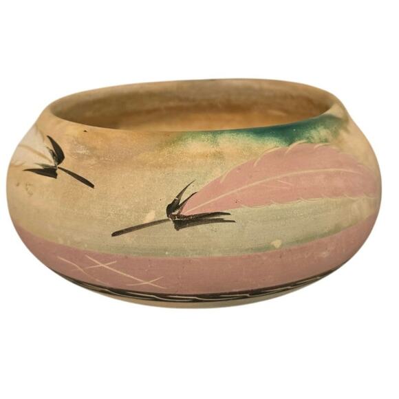 Vintage Pottery SW Bowl Navajo Signed LIttle Violet Feathers Pink Black White - Picture 1 of 8